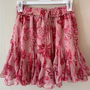 Floral Pink Flowy Ruffle Front Tie Skirt